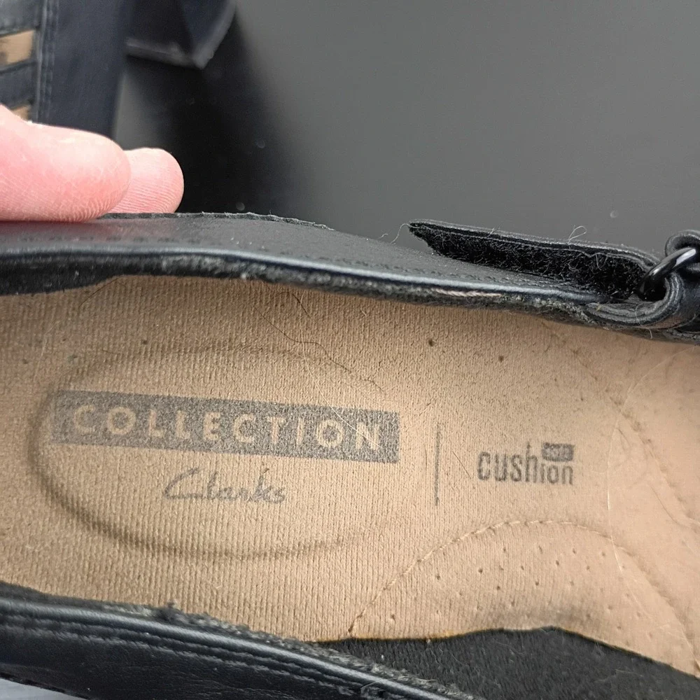 Clarks Collection Black Leather Wingtip Mary Jane Block Heel Pumps Womens 8 M